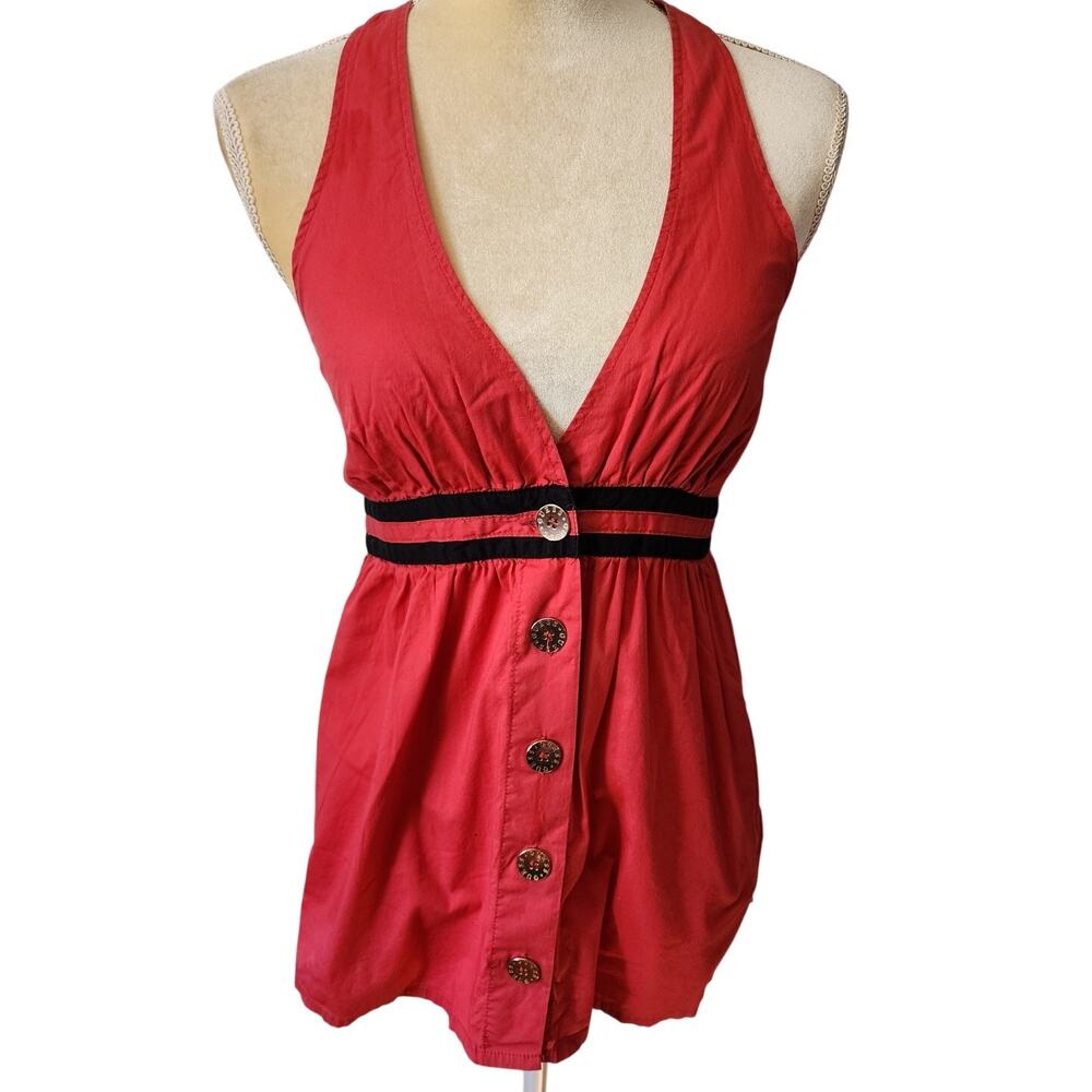 Guess Y2K Button Down Coral Black Babydoll Halter Top Size Medium